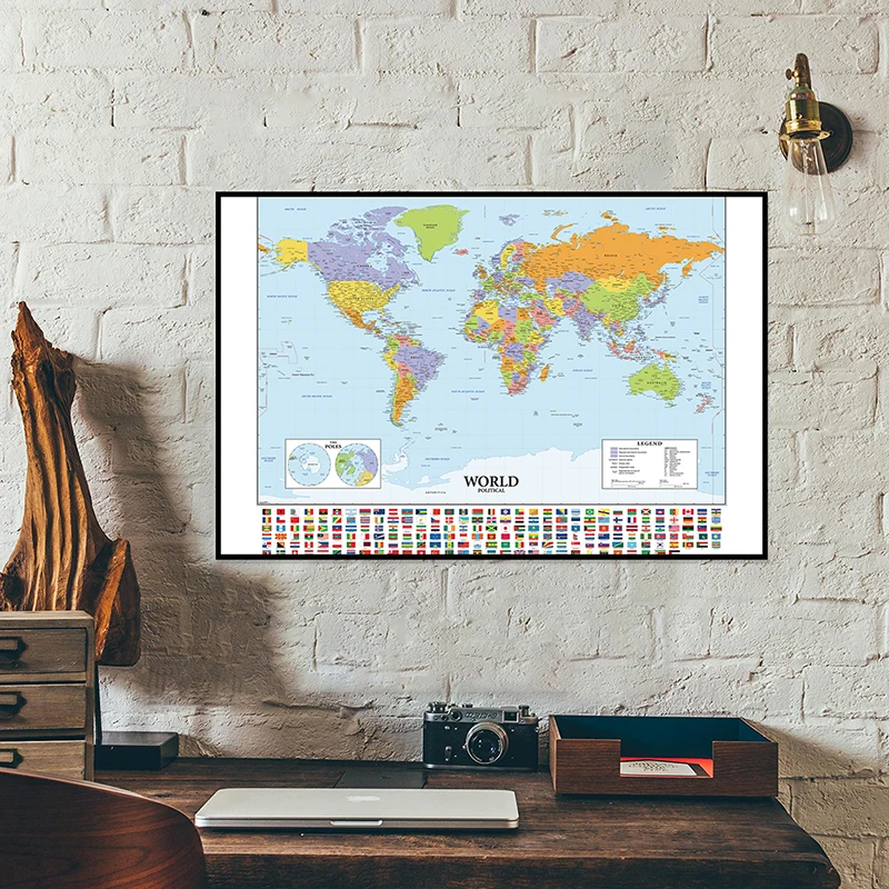 O Mapa Do Mundo Wall Art Poster, Pintura Da Lona, Bandeiras Do País, Viagem, Material Escolar, Sala, Decoração De Casa, 59x42cm