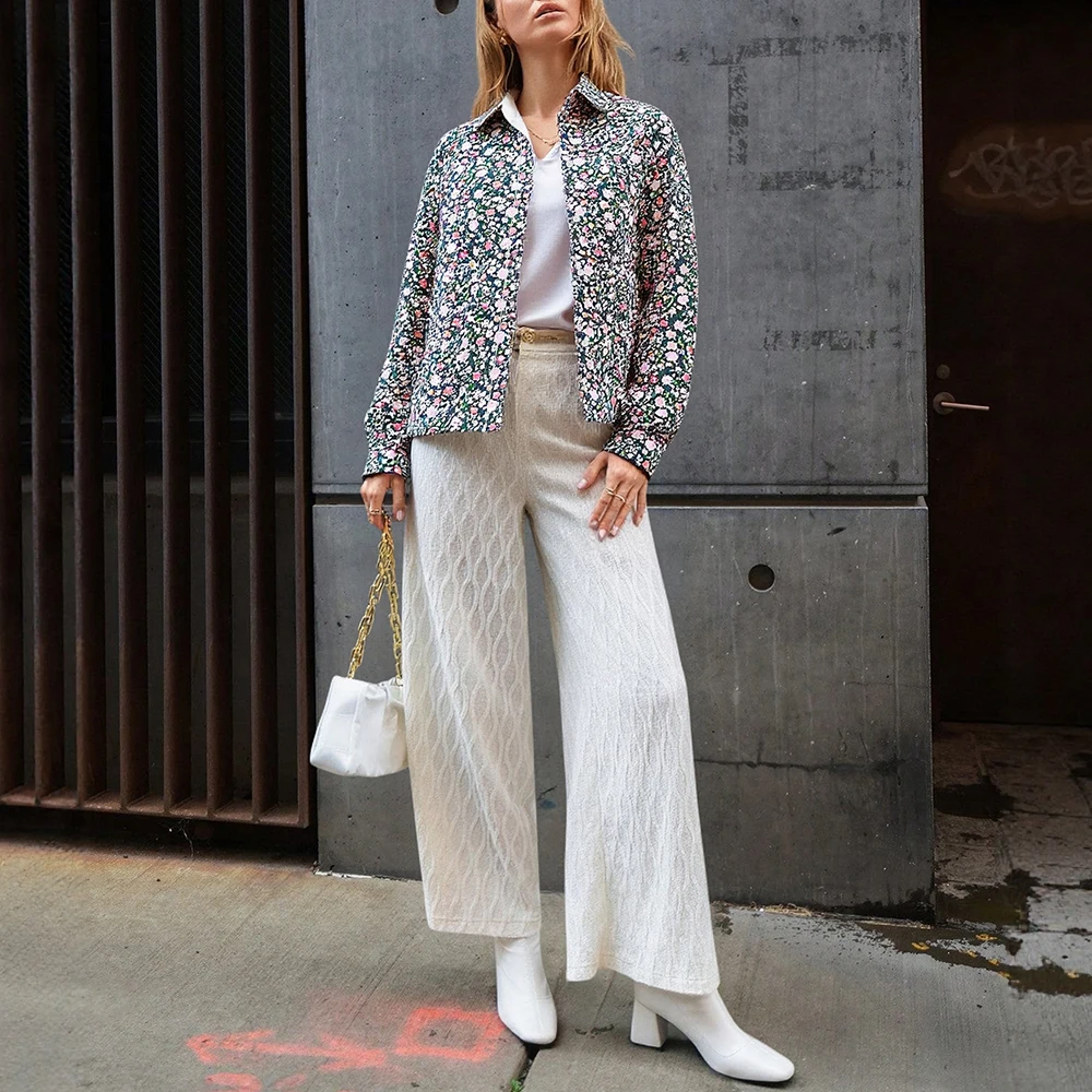 

Mia Muse Women's Shirts Autumn Winter Simple Decent Floral Botanical Full Print Button Decor Cuff Sleeve Lapel Shirts