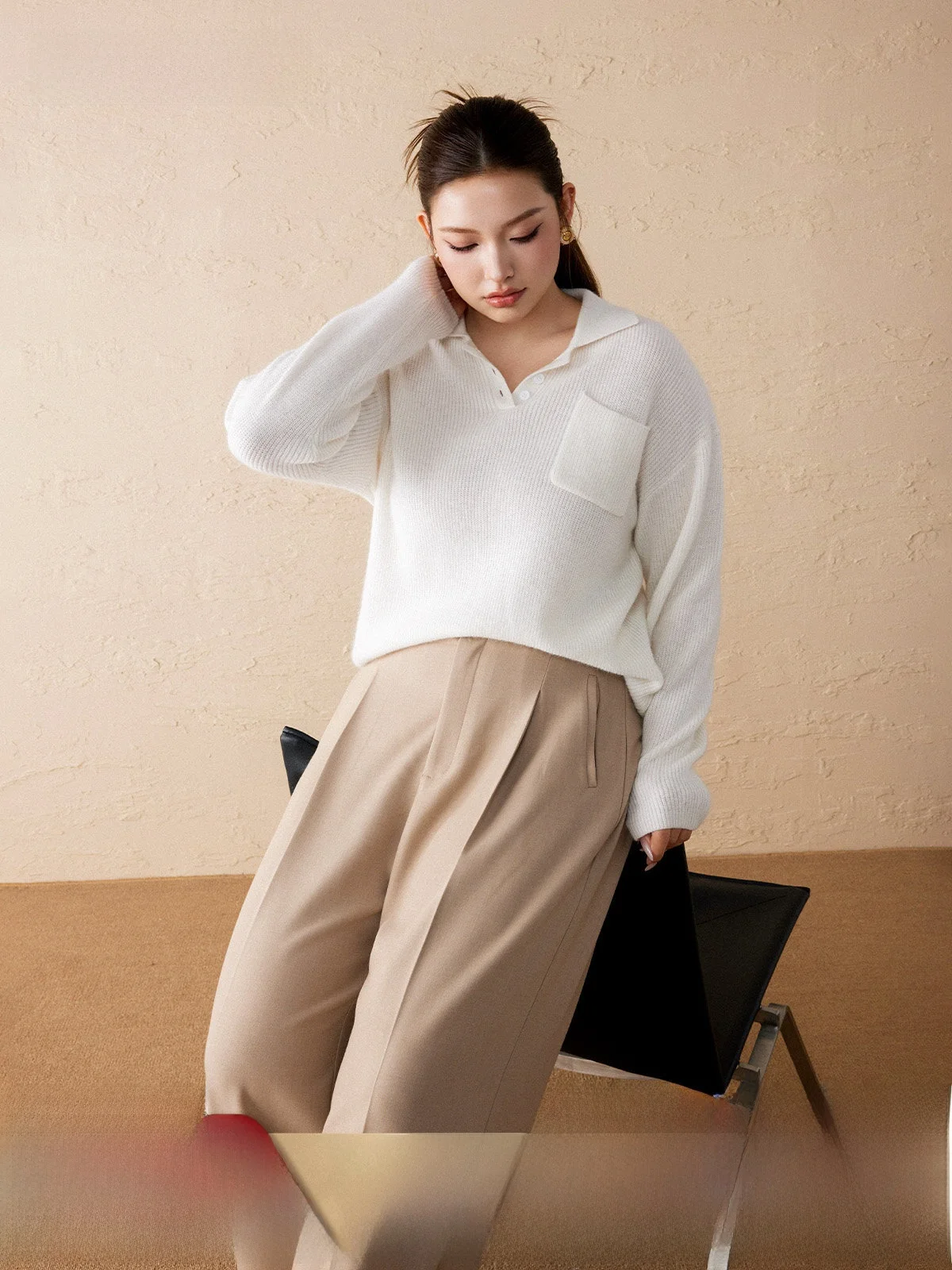 

Plusmall Spring New Sle Collar Patch ket Knitted Sweater Rabbit Fur Wool Blend Long Sve Overhead Women's Top