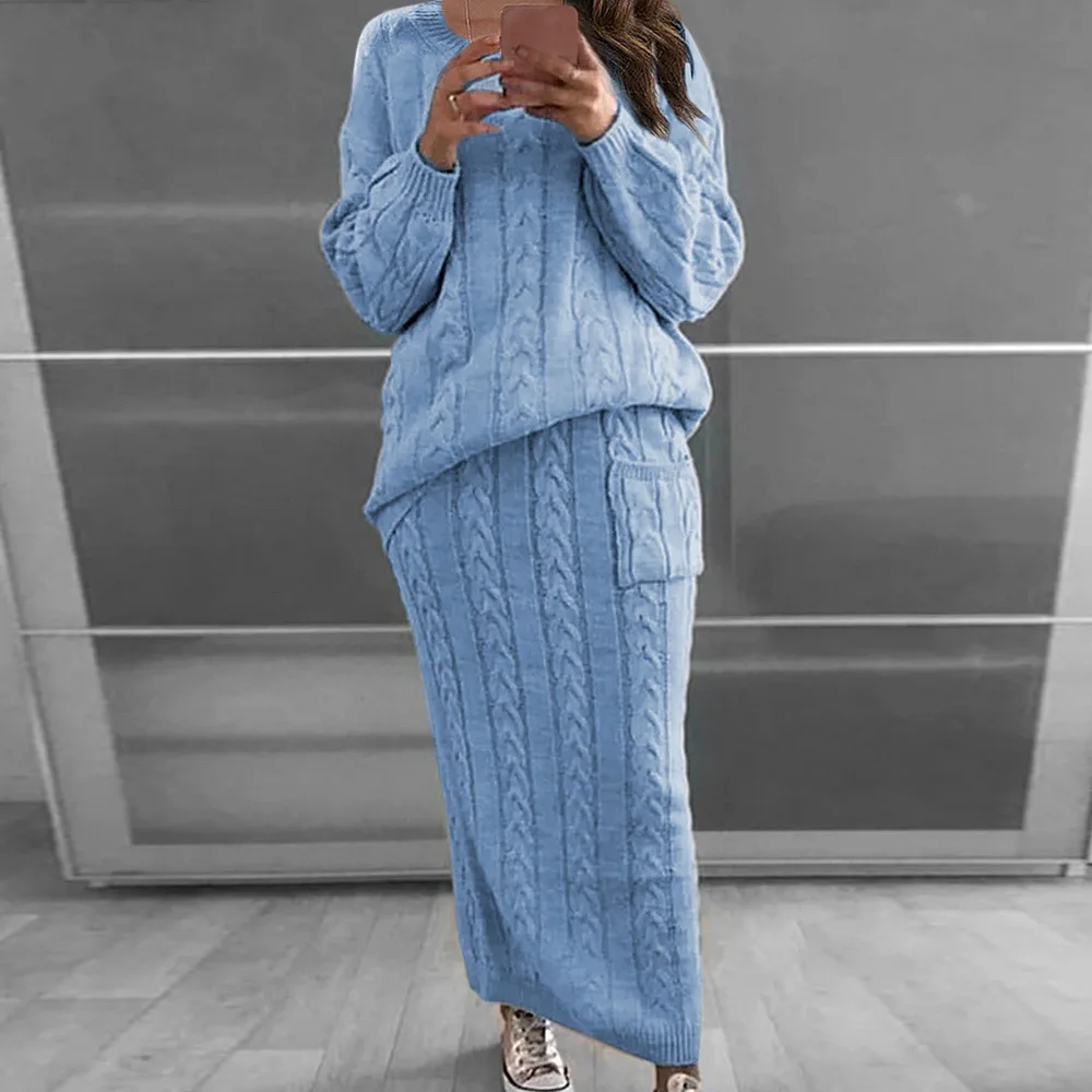 2023 Autumn Winter Two Piece Set Women Winter Long Sleeve Jumpers Sweater Skirt Set Warm Knitted Outfit Top and Skirt Sets
