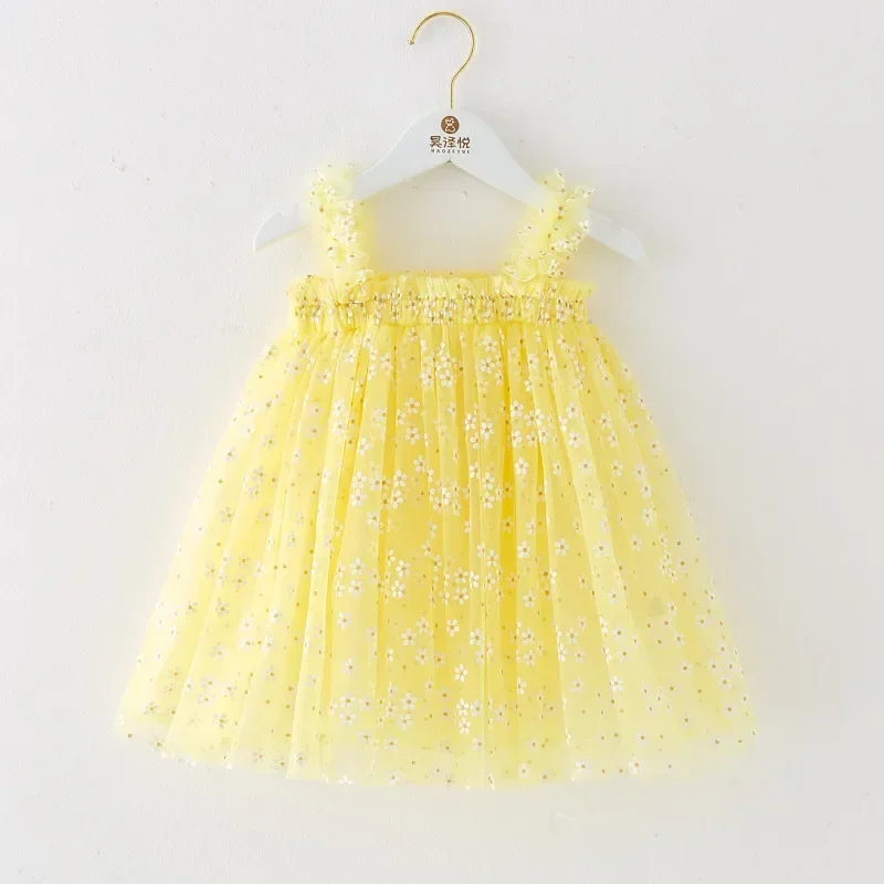 Girl Golden Flowers Cute Dress Summer Sleeveless Baby Tutu Dresses for Girls Birthday Party Tulle Princess Children\'s Ball Gown