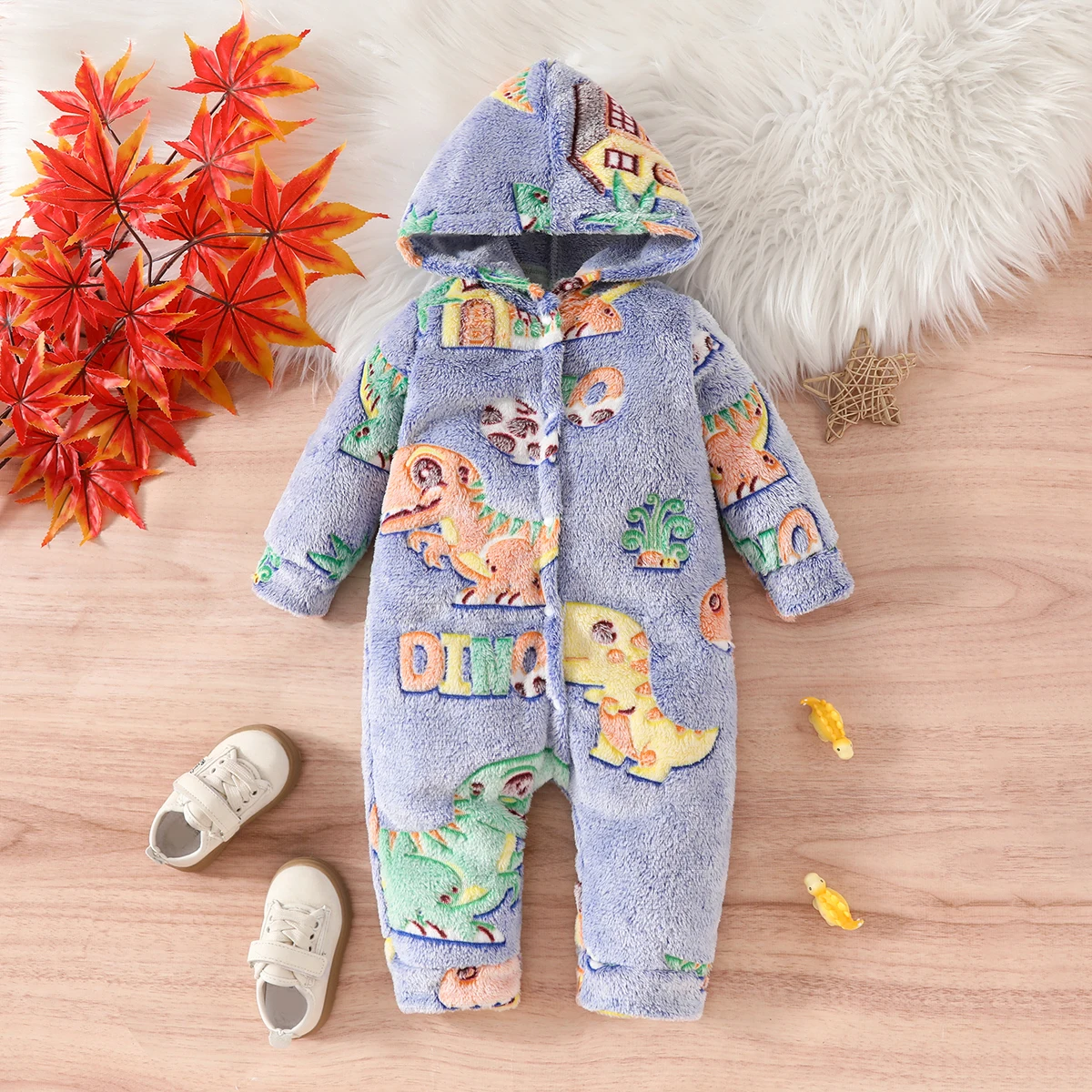 Baby navy blue dinosaur cartoon cute pattern plush hooded warm jumpsuit, children\'s autumn and winter clothes