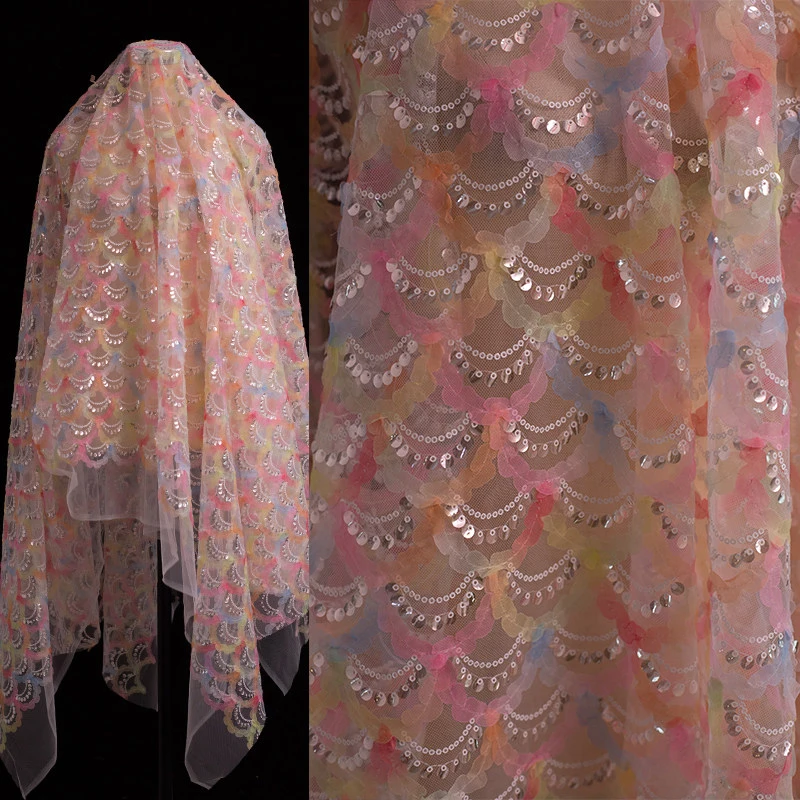 

50*150cm Tulle Mesh Sequin Fabric Gradient 3D Texture Embroidery Pattern Decorative Dress Clothing Designer Fabric