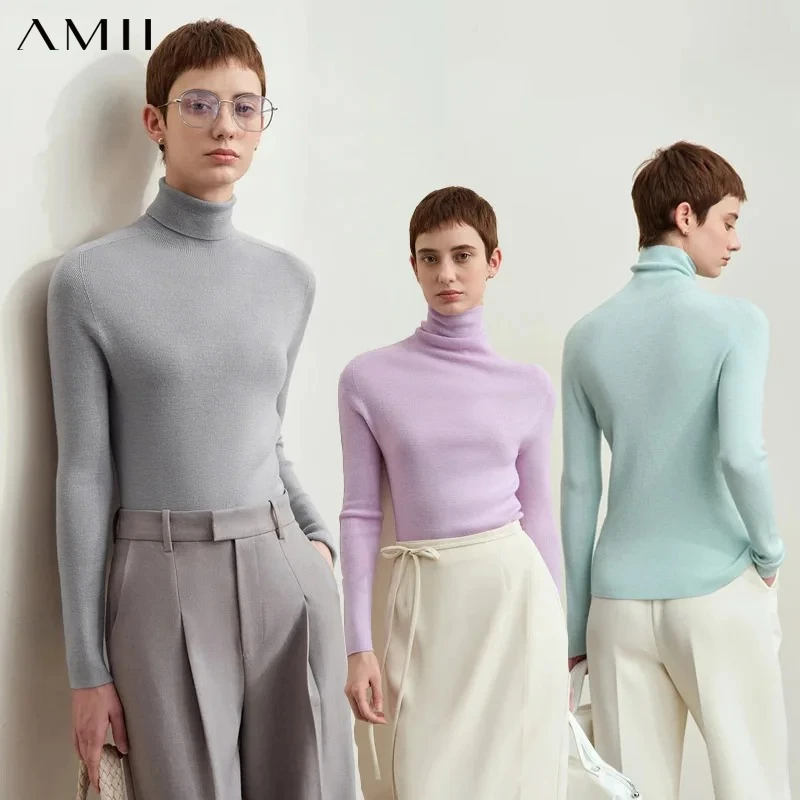 Amii Minimalism 2026 Winter New Turtleneck Knitted Tops for Woman Worsted Wool Sweaters Casual Fashion Women's Sweater 12423120