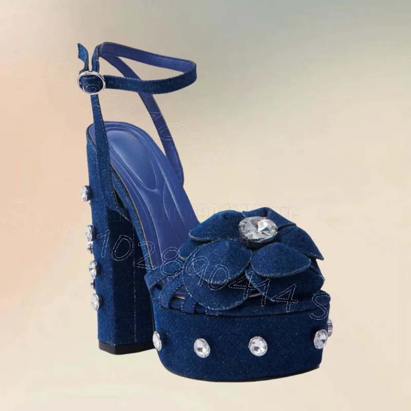 

Blue Denim Flower Crystal Decor Platform Sandals Buckle Strap Women Shoes Open Toe Party Banquet Dating 2025 Zapatos Para Mujere