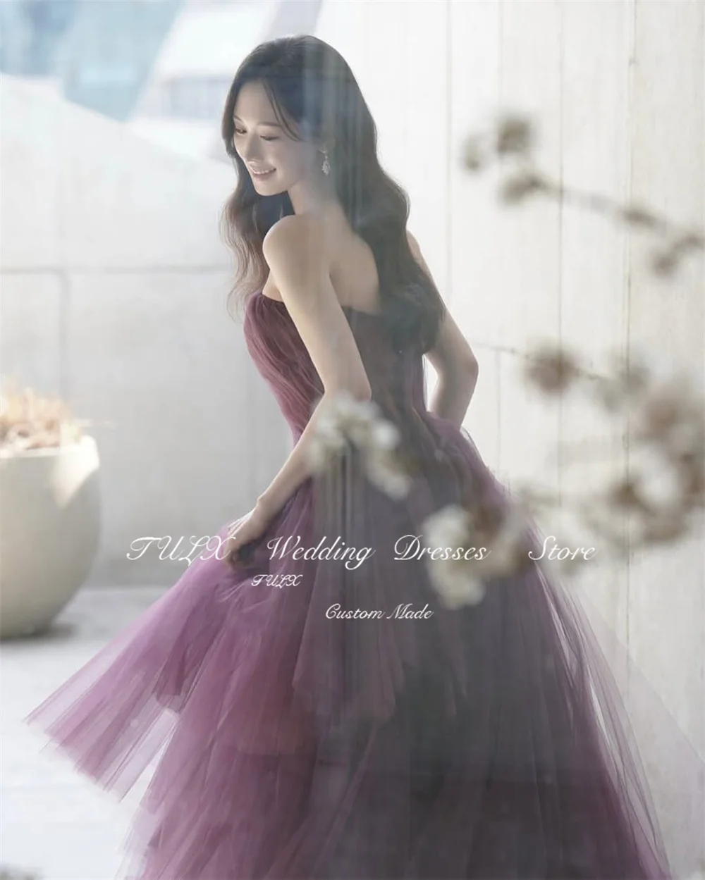 TULX Purple Tulle Evening Dress Korea Wedding Dress Photo Shoot Strapless Pleat Party Dress A line Long Sweep Corset Customized