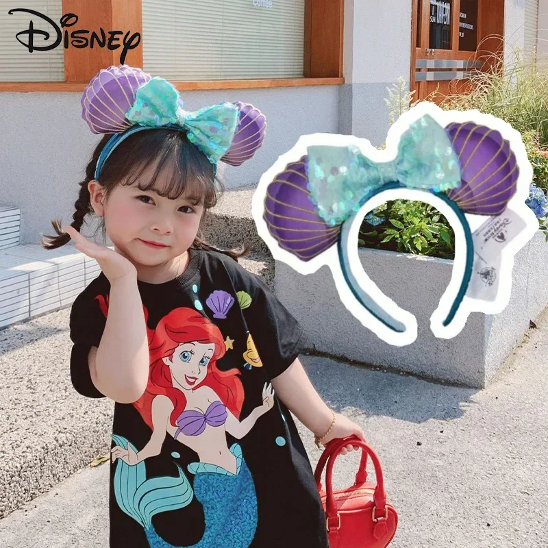 Disney Mermaid Ariel Princess Headband Mickey Mouse Ears Cosplay Big Sequin Bows Hairband Disneyland Fashion Headband Decoration