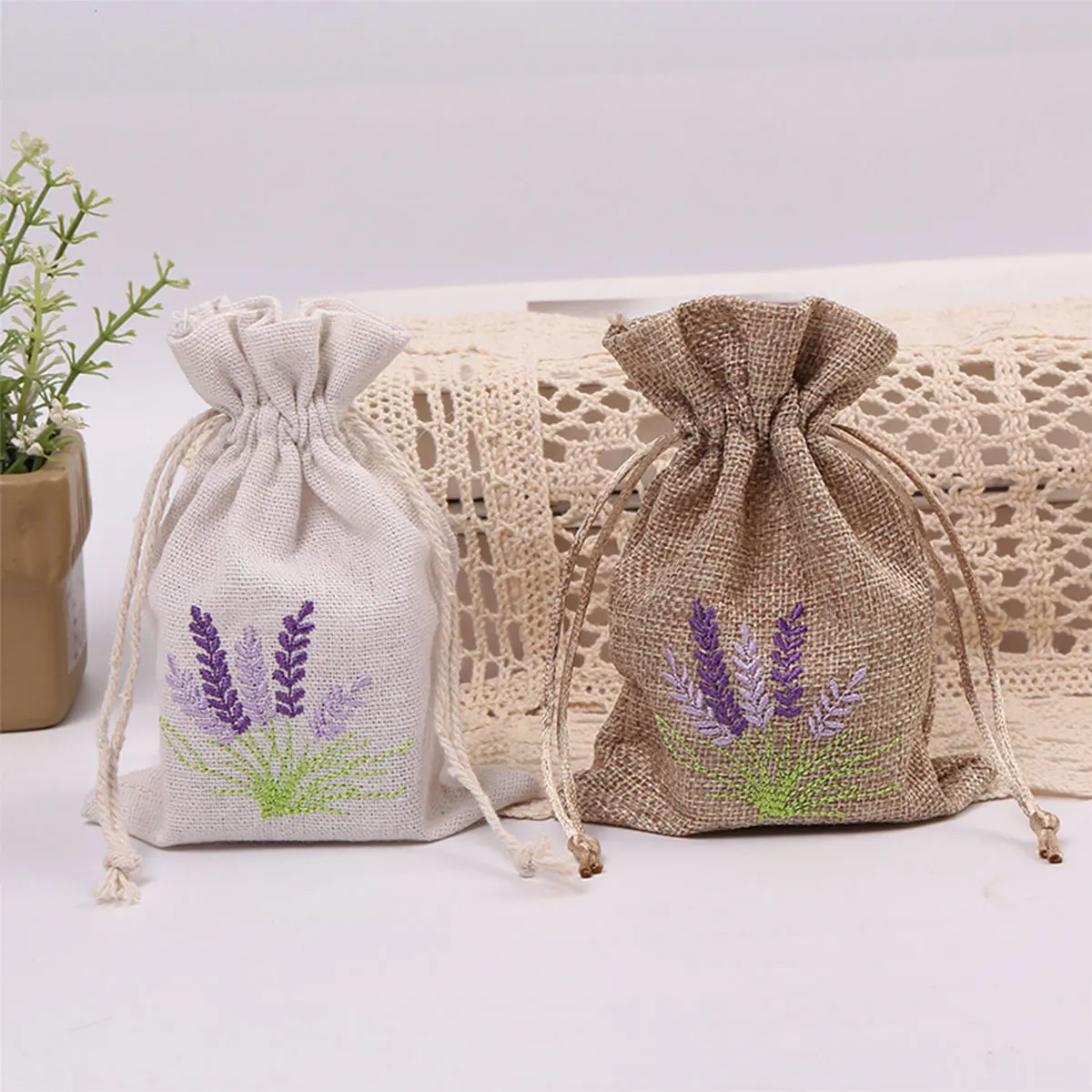 

6pcs Lavender Pouches Dry Flower Aroma Bags Embroidery Lavender Pouches Cotton Jute Seeds Bags Aromatherapy Bags