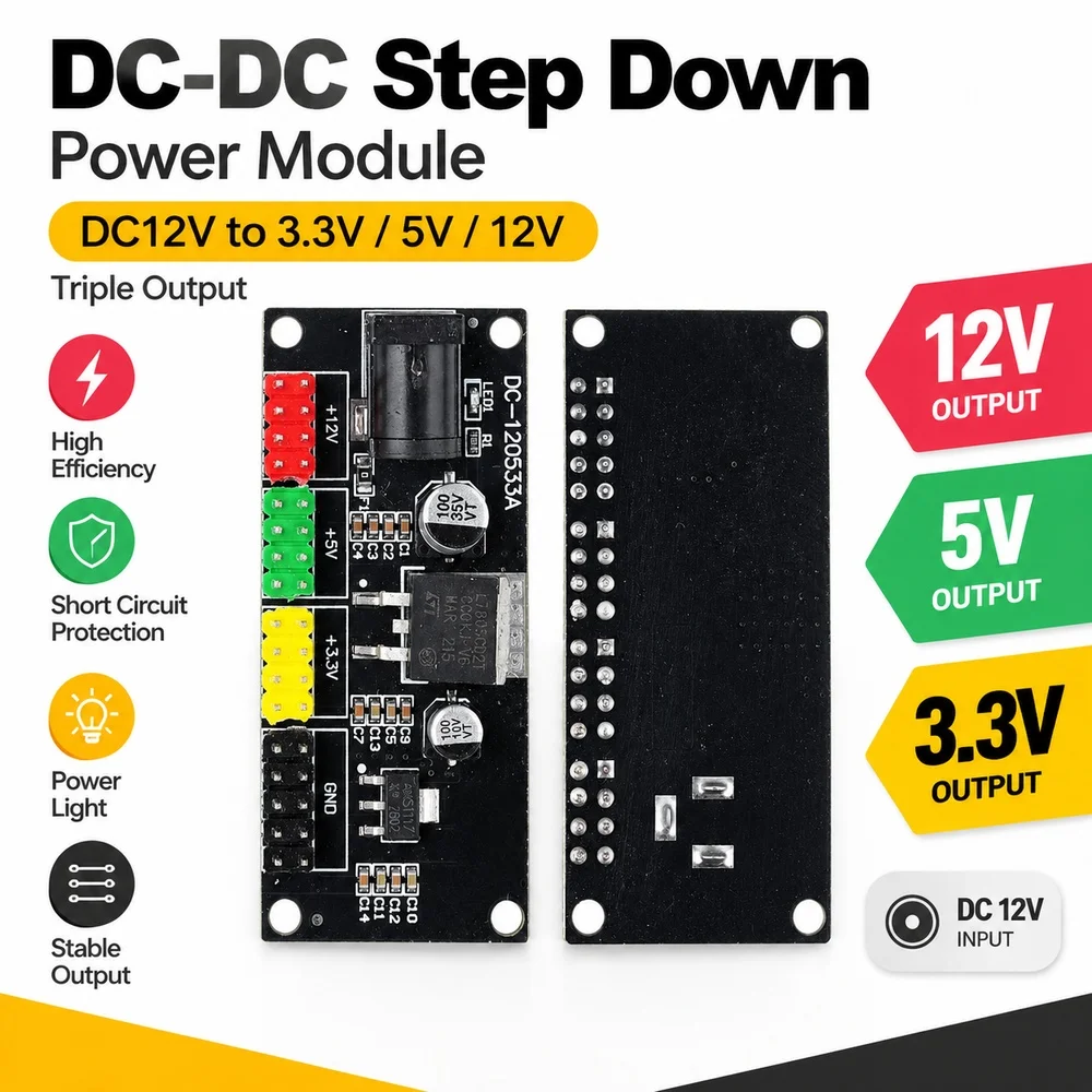 DC-DC Step Down Power Module DC 12V to DC 3.3V 5V 12V Triple Output with Short Circuit Protection Power Light Power Converter