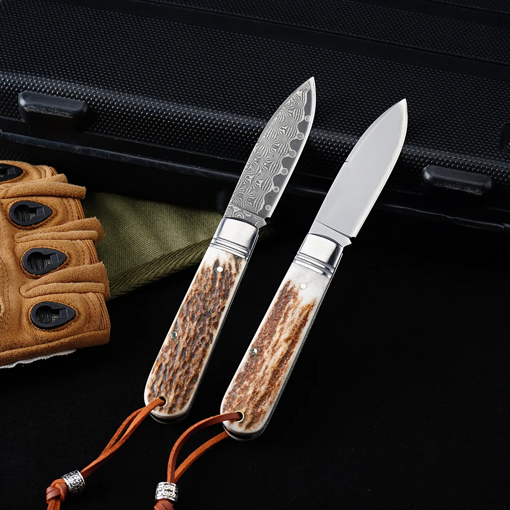 GT-DM047 Pocket Knife Damascus Steel/Triple Steel Blade Deer antler handle Mini Folding Outdoor EDC Small Knife  ﻿