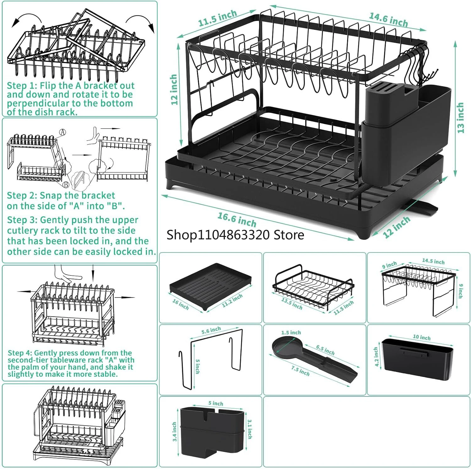 Kitchen countertop 2-tier dish drying rack, kitchen countertop dish drainer with drip tray, metal kitchen dish rack with drip tr - view 6