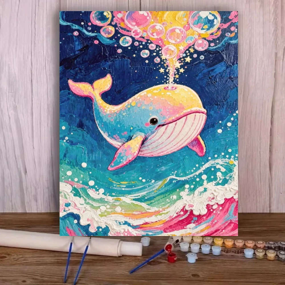 Oil Painting By Number Cartoon Colorful Whale Spouting Bubbles Wall Decor Canvas Art for Living Room Bedroom Gift No Frame