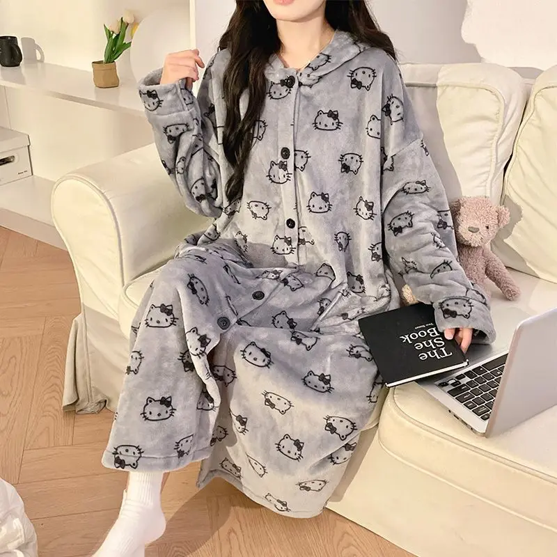 Hello Kitty Women Autumn Winter Hooded Nightgown Flannel Thick Warm Loose Cartoon Pajamas Japanese Style Cute Printed Nightrobe