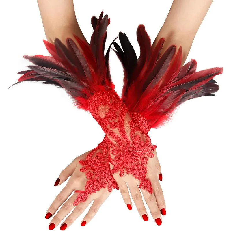 

2PCS Women's Lace Feather Long Gloves Gothic Mesh Sleeve Cuff Fur Sleeve Furry Accessories Halloween Party Stage Accessory
