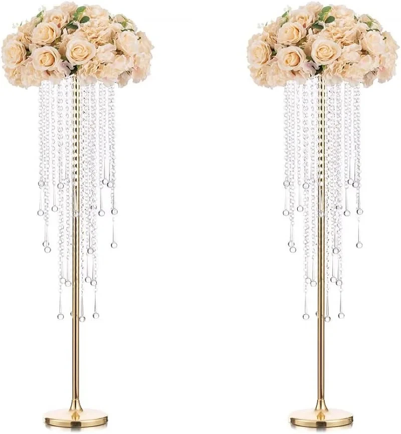 Hochzeitstisch-Mittelstück Blumenständer - 29,6 Zoll Goldvase mit Kristall-Kronleuchter, Mitteltisch für Außen- und Innendekoration – Detail 3