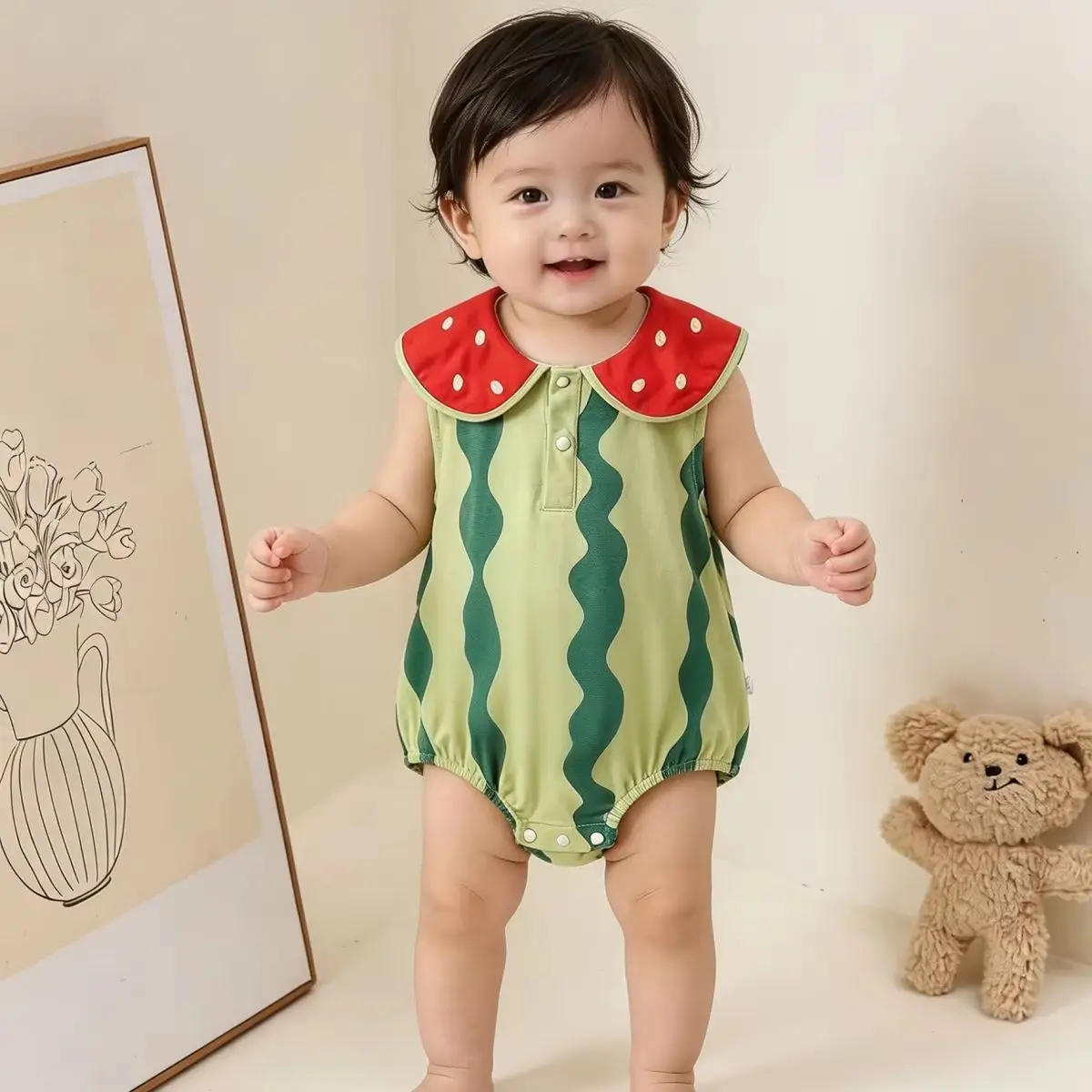 3M-3T Summer Baby Bodysuit Watermelon Peter Pan Collar Sleeveless Romper for Toddler Boys Girls Thin Infant Clothing