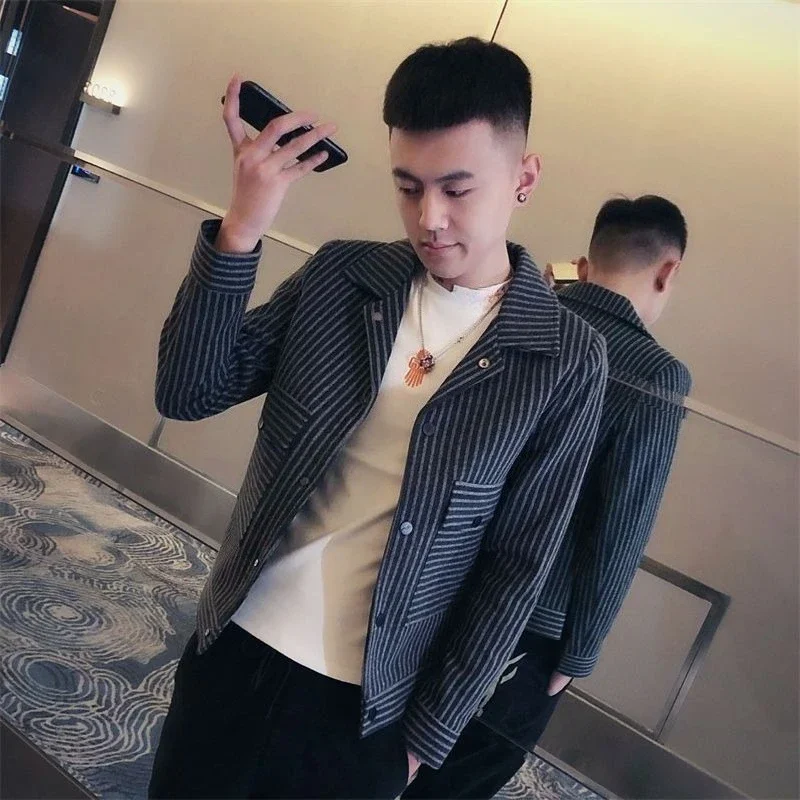 

Men's Casual Workwear Slim Fit Tweed Stripe Jacket Korean Style Spring Autumn Influencer High End Premium Jacket