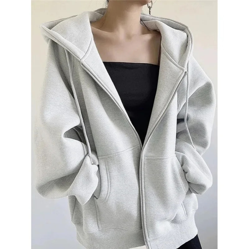 Autumn Winter New Thickened Solid Zip Up Hoodie Sweatshirt for Women Korean Fashion Warm Loose Hoodies Women Coat Y2k Clothes