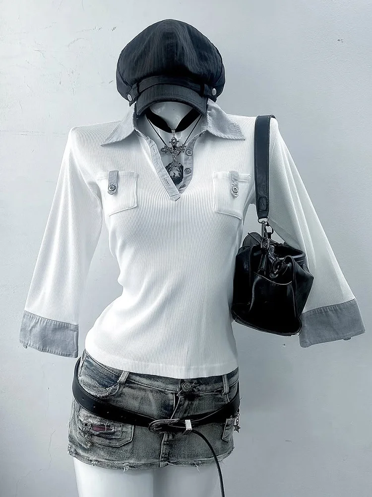 오리지널 패셔너블 브이넥 니트웨어 여성용 긴 소매 슬림 핏 탑 빈티지 스타일 캐주얼웨어 코튼 블렌드 가을 신상품