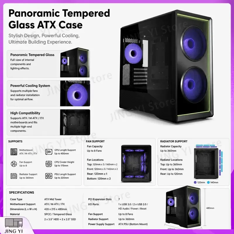 M-ATX Gaming PC Case Pre-installed 3 ARGB Fans Tempered Glass Side Panel Computer Chassis High Airflow Desktop Tower Housing