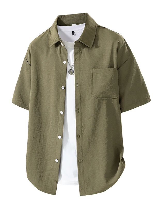 

Casual Summer Short Sleeve Shirt Men's Loose Fit Breathable Thin Cotton Polyester Pure Color Versatile Casual Shirt