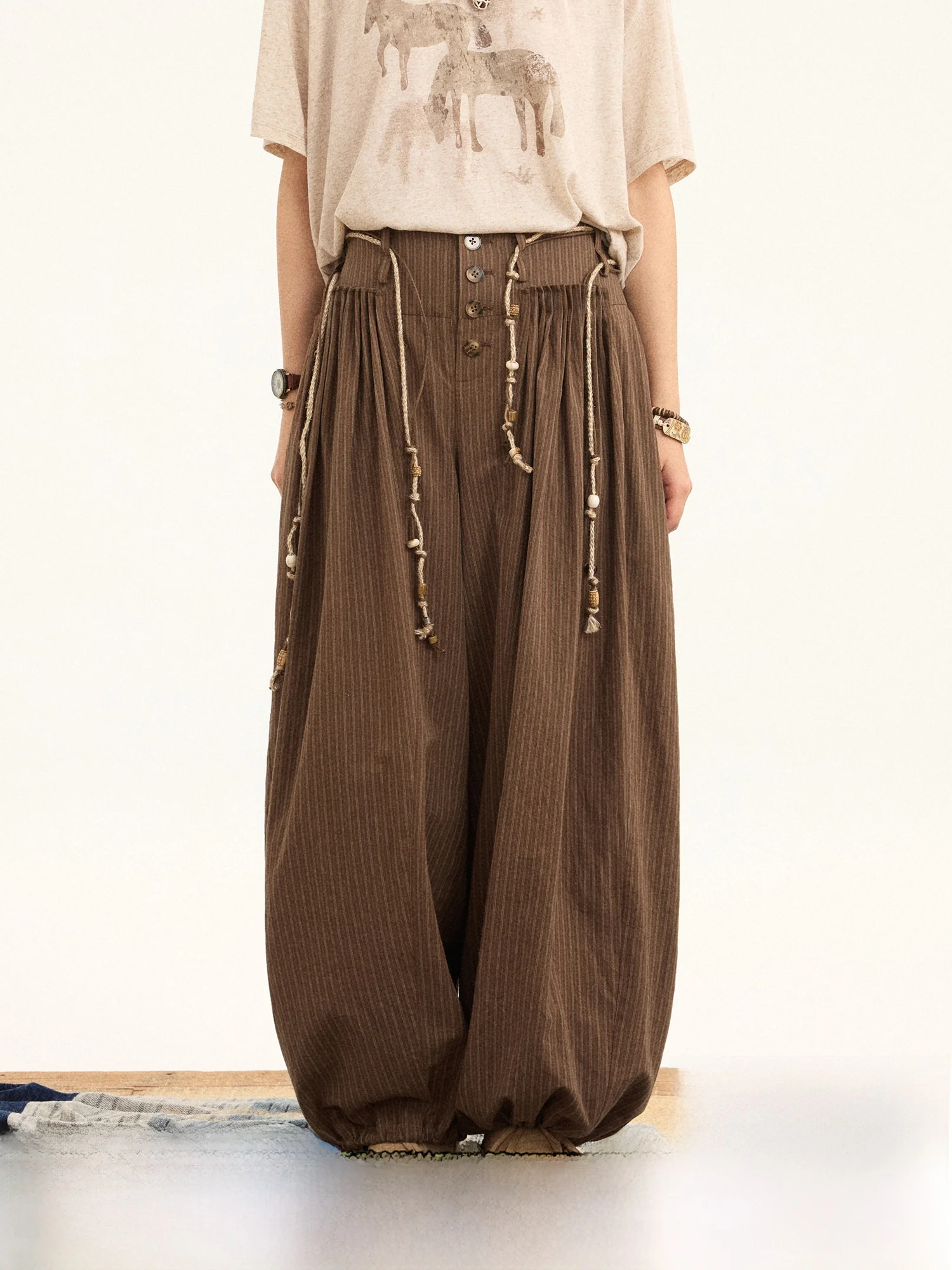 

Женские хлопковые брюки-фонарики с высокой талией, широкие, в полоску, для весны и лета, повседневные, эластичные, из хлопка, в стиле кэжуал