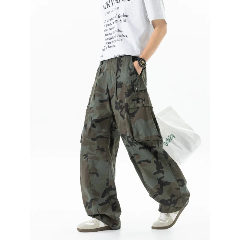 Men's American Retro Camouflage Wide Leg Work Pants Loose Straight Leg Multi Pocket Street Trend Casual Trousers