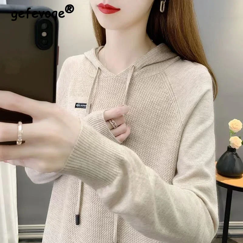 Women Korean Appliques Casual Streetwear Hooded Knitted Sweaters Female Trendy Solid Long Sleeve Loose Pullover Tops Y2K Jumpers