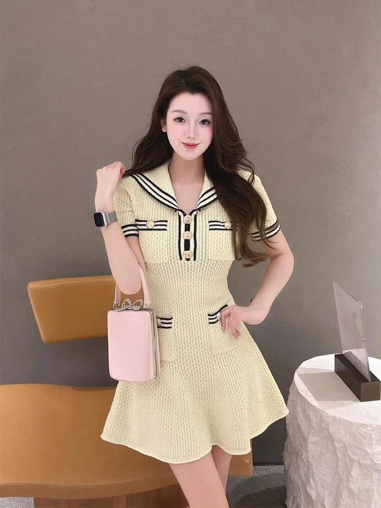 

Knitted Navy Collar Dress Women's New 2026 Trendy Elegant Ladylike Small Fragrance Style Skirt High Waist A-Line Polyester Fiber