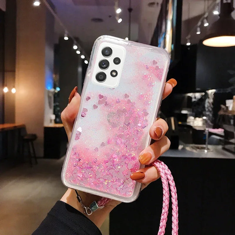 Lanyard Glitter Liquid Silicone Case For Samsung Galaxy A05 A05S A14 A24 A34 A54 A04 A04S A04E A03 A03S A02S 4G 5G Cover