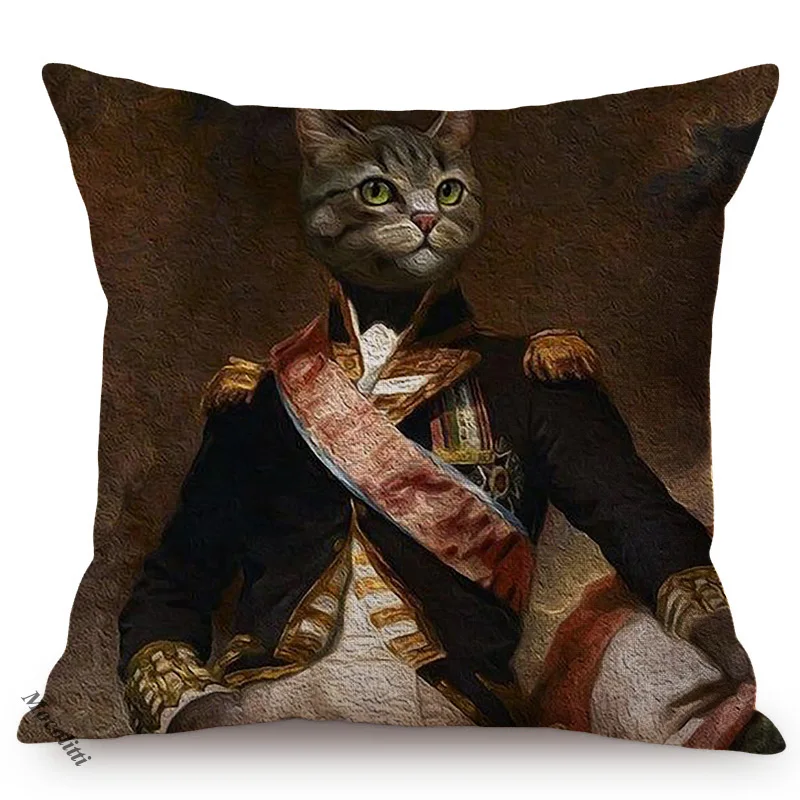 Cat General Portrait Imitate Famous Oil Painting Art Decorative Cushion Cover Nordic Funky Animal Style Sofa Throw Pillow Case