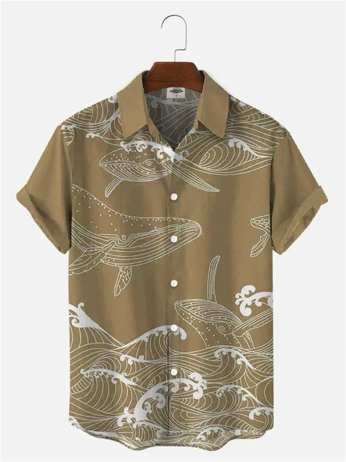 Hawaiian Men\'s Short Sleeve Shirt Whale Spray Print Beach Fashion Men\'s Lapel Top 2024 New Large Size Casual Men\'s Shirt