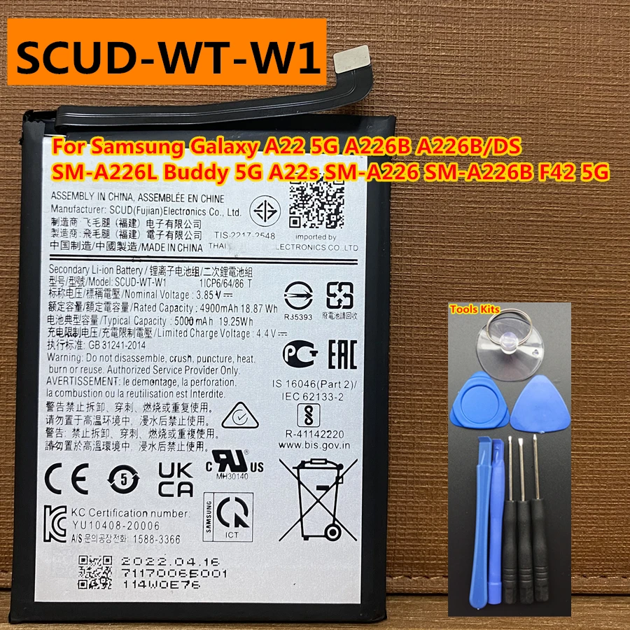 4900mAh SCUD-WT-W1 for Samsung Galaxy A22 SM-A226B/DS SM-A226L Buddy A22s SM-A226 F42 A14 5G A04 M04 A04e Replacement Battery