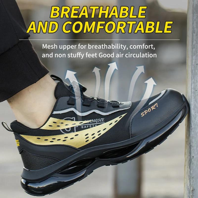 أحذية أمان للرجال من الصلب عند أصابع القدم، مضادة للثقب ومضادة للتحطيم وغير قابلة للانزلاق، أحذية عمل صناعية خفيفة الوزن قابلة للتنفس بأزرار دوارة