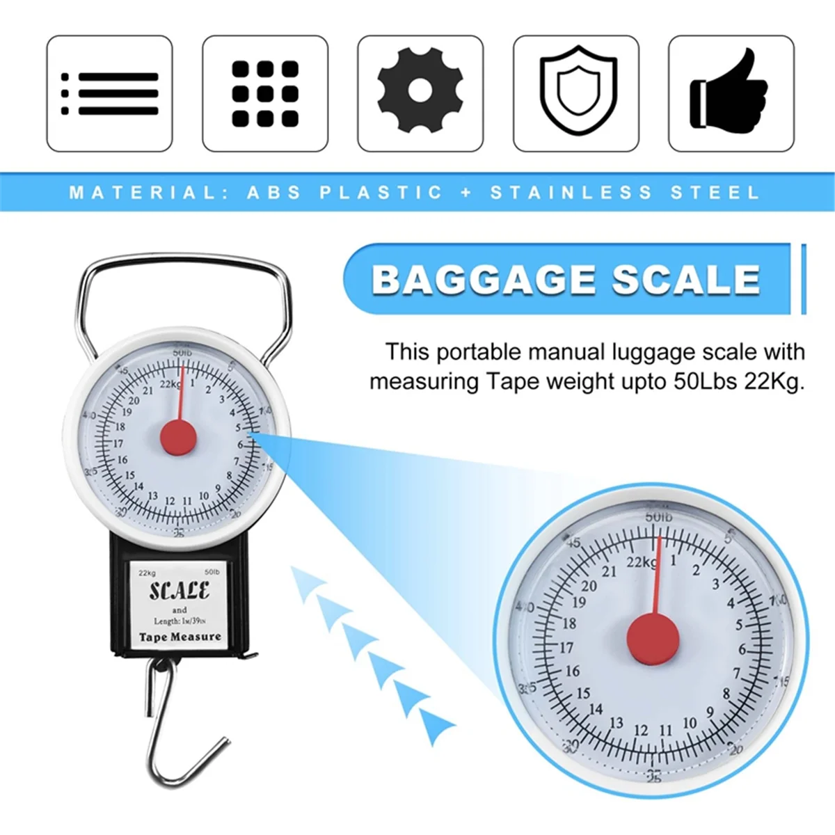 Portable Luggage Travel Scale Hanging Suitcase Hook 22kg 50lb Measuring Tape