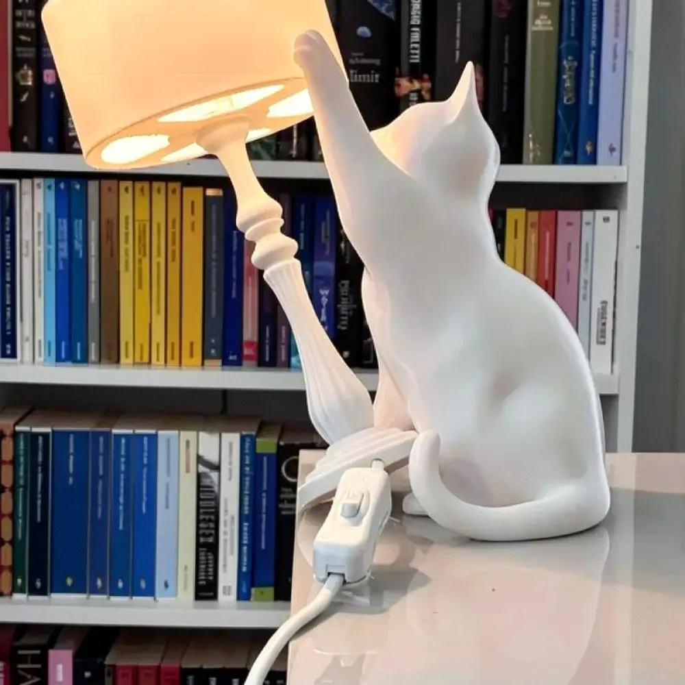 Decorative Cat Gravity Table Lamp Creative Home Ornament Animal Bedside Night Lighting Minimalist White Finish