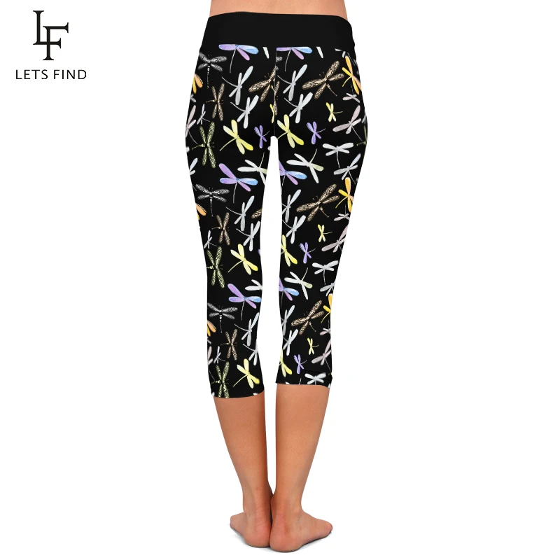 LETSFIND High Waist Women\'s Leggings 3D Dragonfly Print Capri Leggins Summer Soft Fitness Mid-Calf 3/4 Stretch Pants