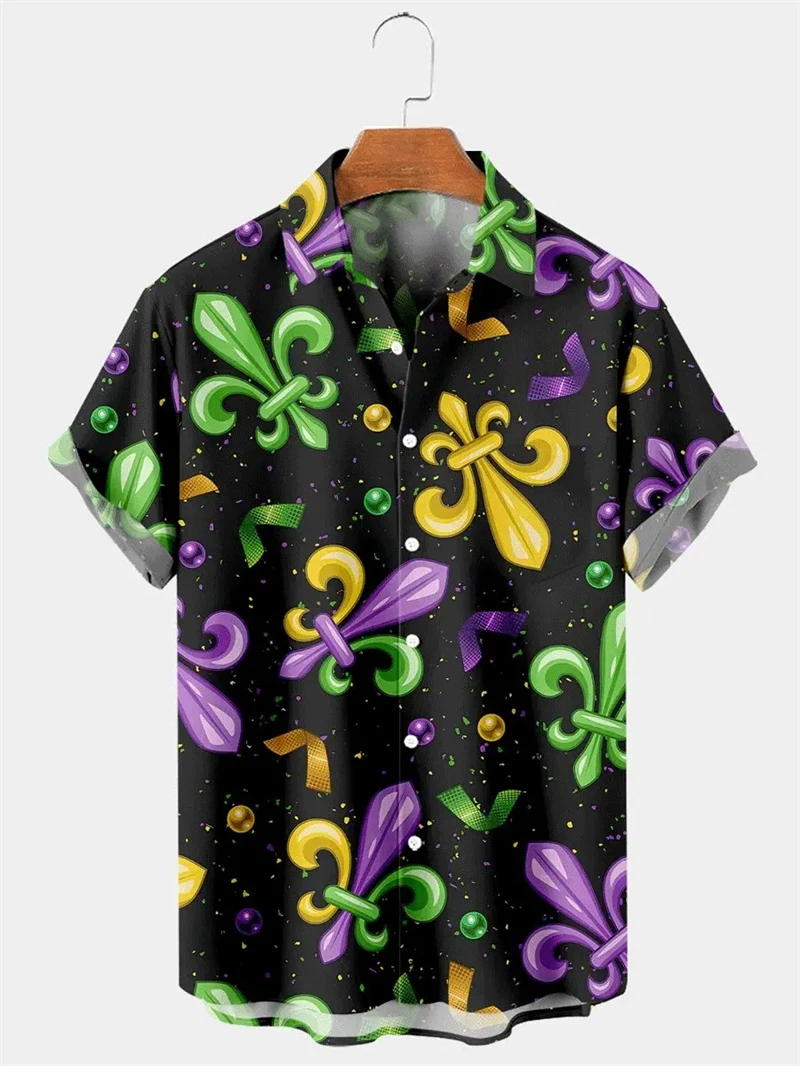 Men's Shirt Carnival Print Short Sleeve Shirt Mardi Gras Graphic Turndown Short Sleeve Shirt Hawaii Party Comfortable Shirts