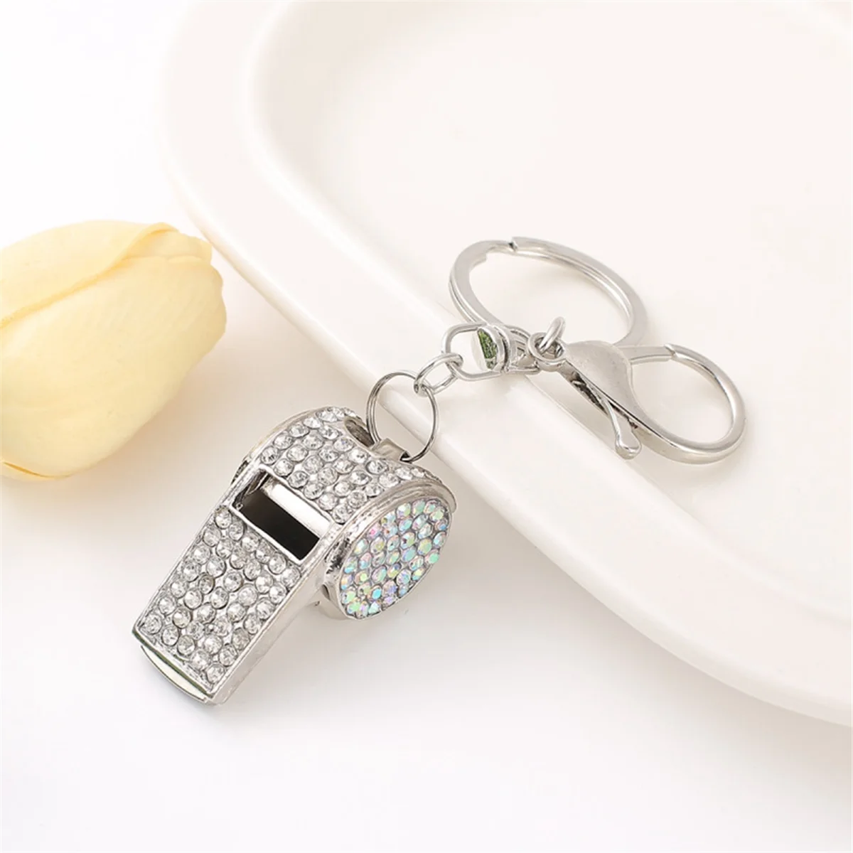 Silver Exquisite Diamond-Encrusted Referee Whistle Key Chain Metal Whistle Key Chain Pendant