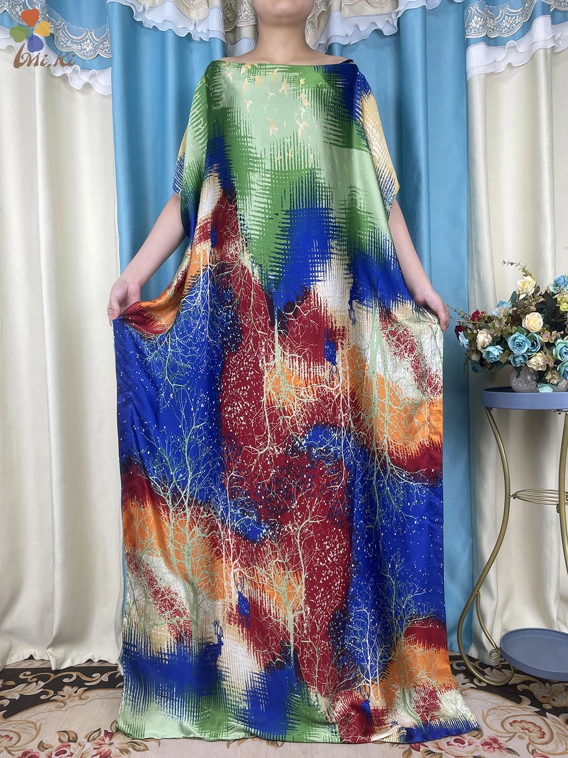 Hot Selling New African Abayas Women Silk Printed Soft Loose Robe Muslim Dress Dubai Maxi Party Evening Dress Islamic Clothing