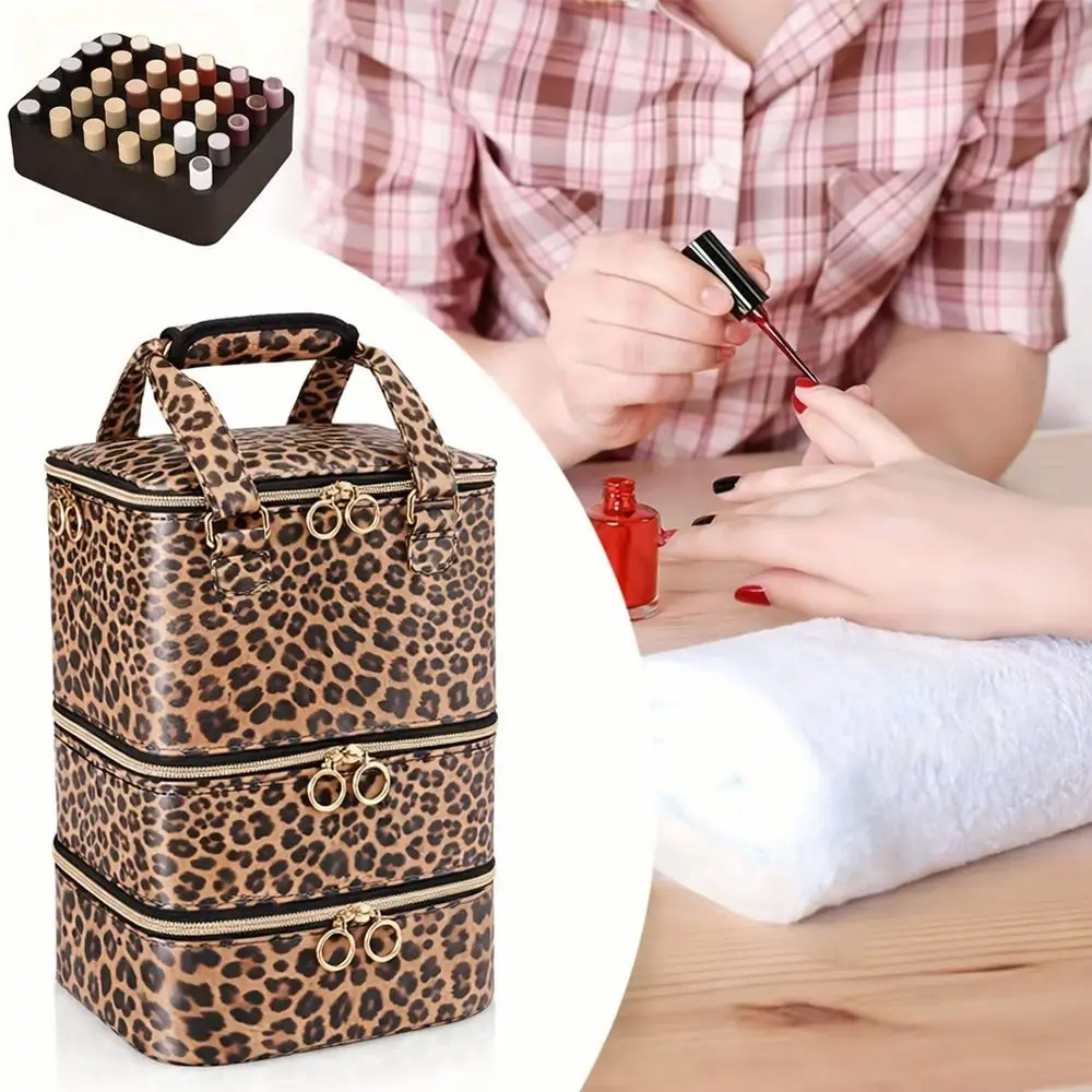 3-Layers Nail Polish Organizer Bag Leopard Print Detachable Nail Lamp Case Large Capacity with Handle Makeup Bag