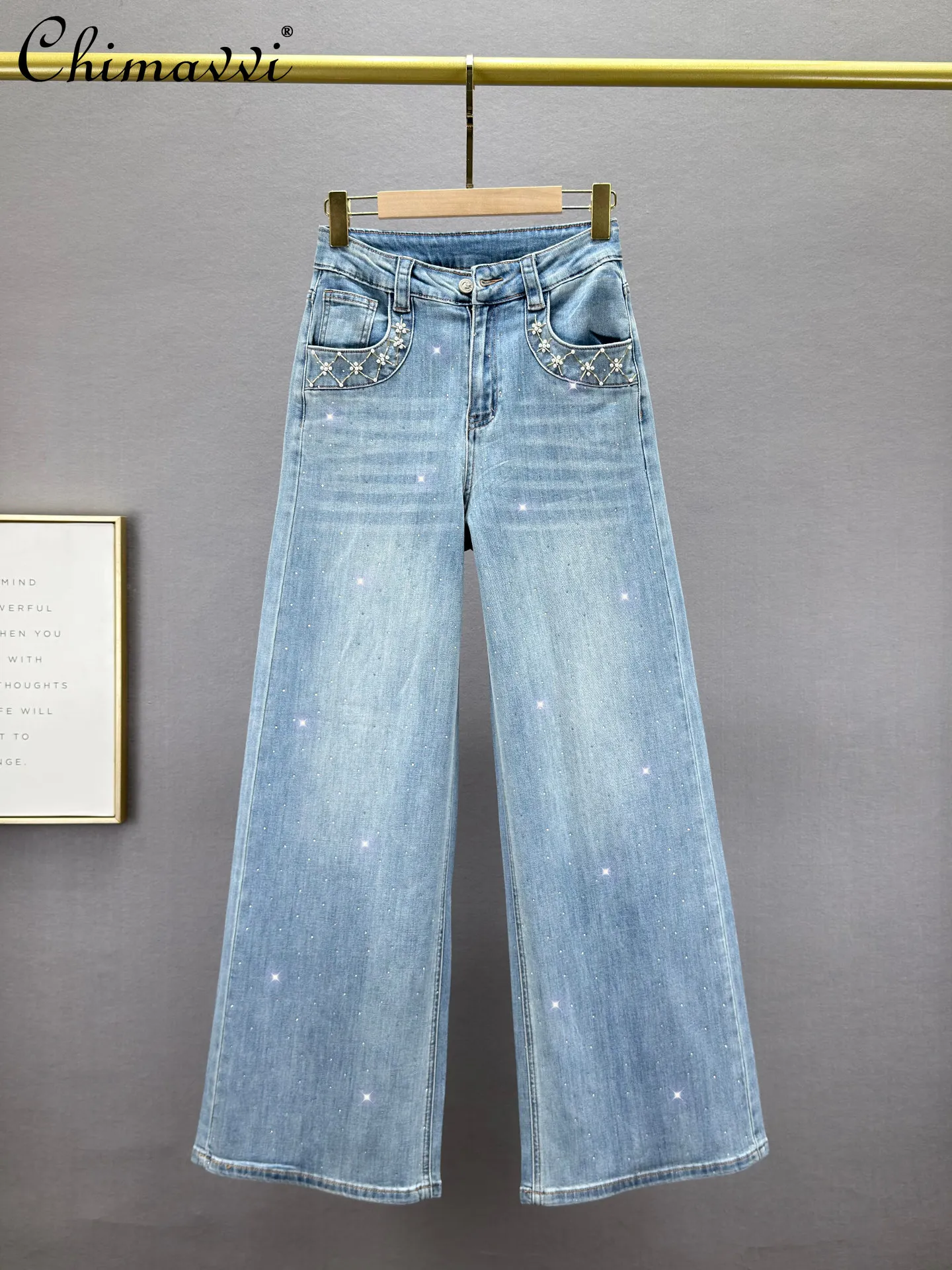

Женские широкие джинсы с высокой талией, украшенные стразами, весна 2026, новая модная коллекция, свободный крой, с эффектом потертости, удлиненные