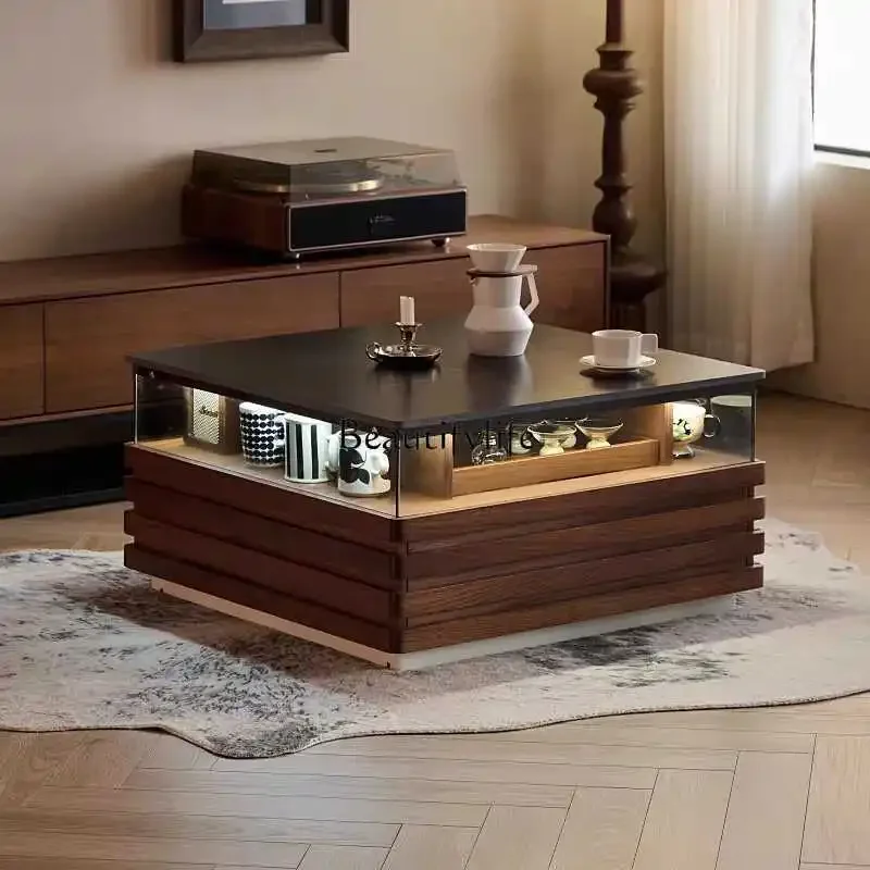 

01Nordic rock slab coffee table solid wood lighting atmosphere black walnut square minimalist tea table