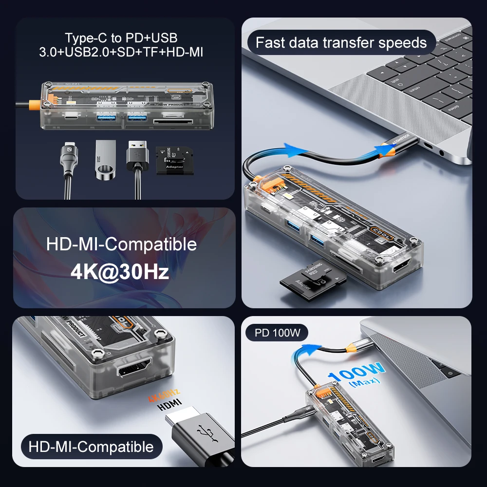 6-IN-1 USB C Hub Type-C PD 100W Multiport Adapter USB 3.0 HDMI Adapter Hub Splitter Docking Station for Macbook Air Laptop