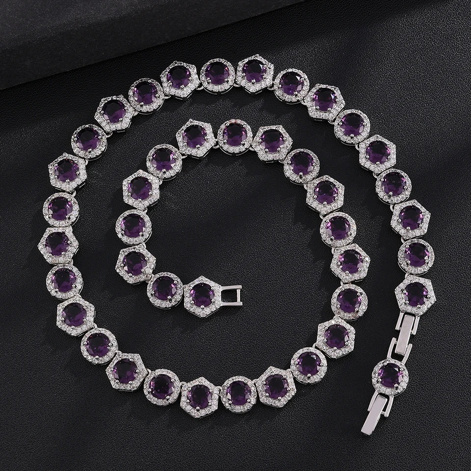Luxuriöse Halo-Rund-CZ-Tennis-Ketten-Halskette für Damen, mehrfarbige Kristall-Hexagon-Rahmen-Gliederkette, Bankett-Modeschmuck – Detail 6