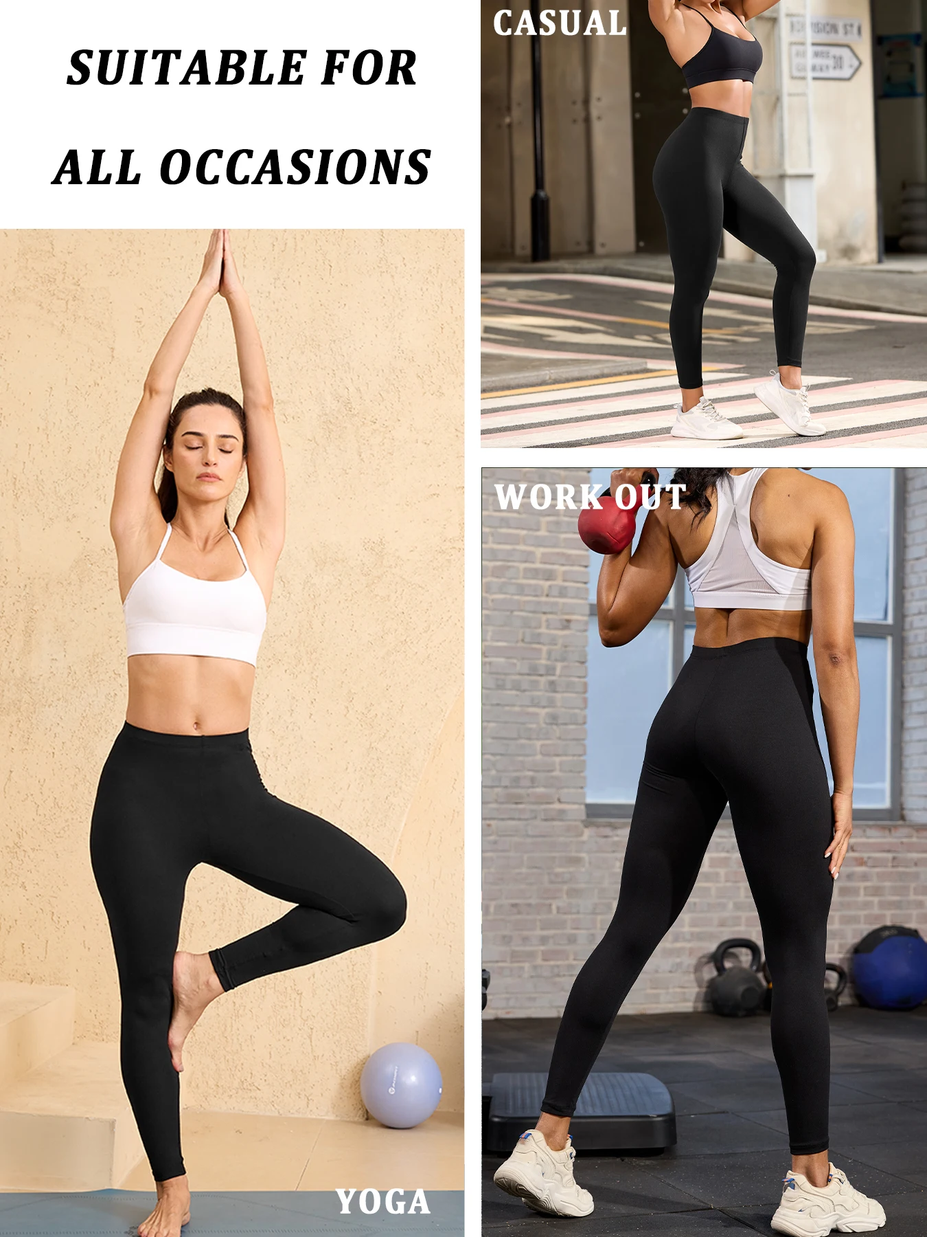 Lot de 3 leggings super doux taille basse pour femme – Collants haute élasticité pour yoga, course à pied, entraînement, tenue décontracté