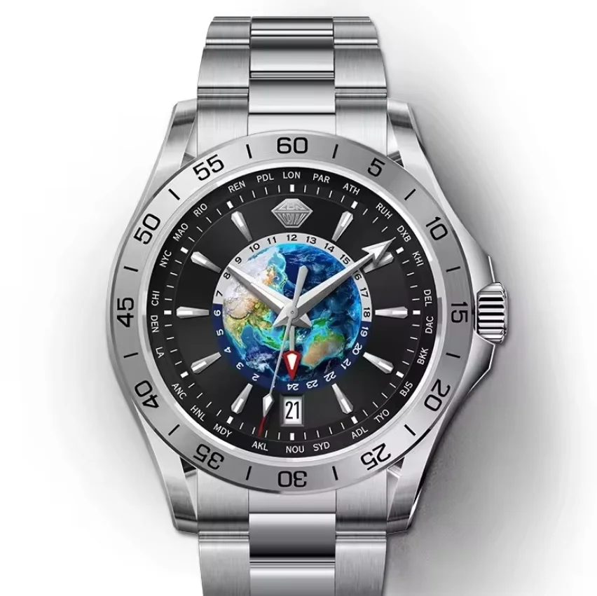 Lobinni Men Automatic Watch GMT 40mm Mechanical Wristwatch Waterproof Sapphire Mirror Luminous NH34 Earth Dial