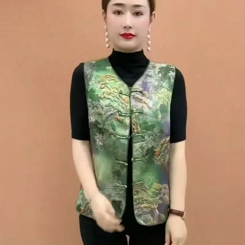 

New Chinese Sle Printed Vest Women's Spring Outerwear Single Button oulder Pad Middle Aged And ly Women's Clothes