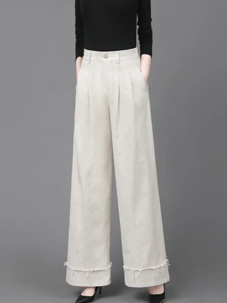 Fringed Wide Leg Pants Women's Casual Button Baggy Pantalones Loose High Waisted Korean Fashion Straight New Trousers Spodnie
