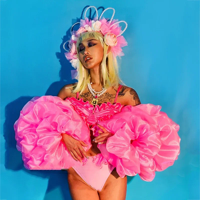 New Shining AB Colors Oversized Flower Puff Sleeve Yarn Lace Bikini Singer Gogo Stage Costume Women Evening Party Outfit ﻿Set